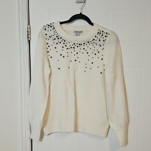 White Cream Sweater Womens Medium Wool Blend Pearl Detail H&M Warm
